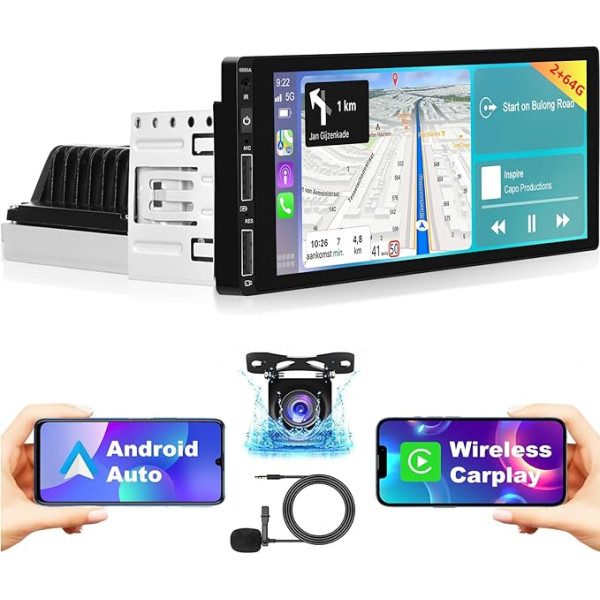 2+64G Android 1 Din Autoradio mit Carplay und Android Auto - 6,86 Zoll Touchscreen FM RDS Radio - WiFi GPS SWC EQ Bluetooth + AHD Rückfahrkamera&Mic