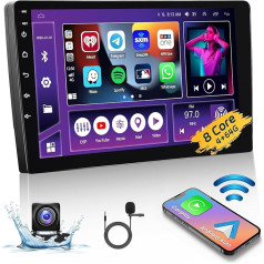 8-core 4 + 64G Hikity Double DIN Android auto radio ar bezvadu CarPlay Android auto spoguļa saiti, 9 collu IPS skārienjūtīgais ekrāns Bluetooth auto radio ar satelītnavigācijas sistēmu, 3 dalīts ekrāns RDS DSP GPS BT5.0 WiFi CAM