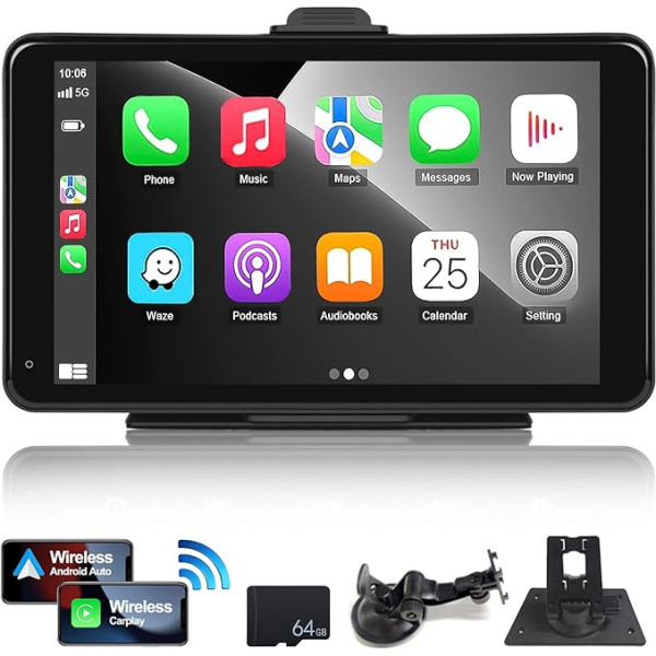 CAMECHO Bezvadu Apple Carplay un Android pārnēsājamais auto radio, 7 collu HD IPS skārienjūtīgais ekrāns Carplay displejs, auto atskaņošanas monitors ar Bluetooth, brīvroku funkcija, Siri/FM/Google/Apple Airplay/AUX + 64G