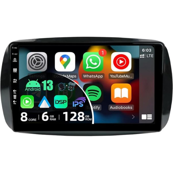 BXLIYER |6G+128G | 8-Core| Android 13 Autoradio für Benz Smart (2014-2020) - Kabellos CarPlay/Android Auto/DSP - LED Kamera & MIC - IPS 9 Zoll 2 Din - DAB Lenkradsteuerung Fast-Boot 360-Camera WiFi