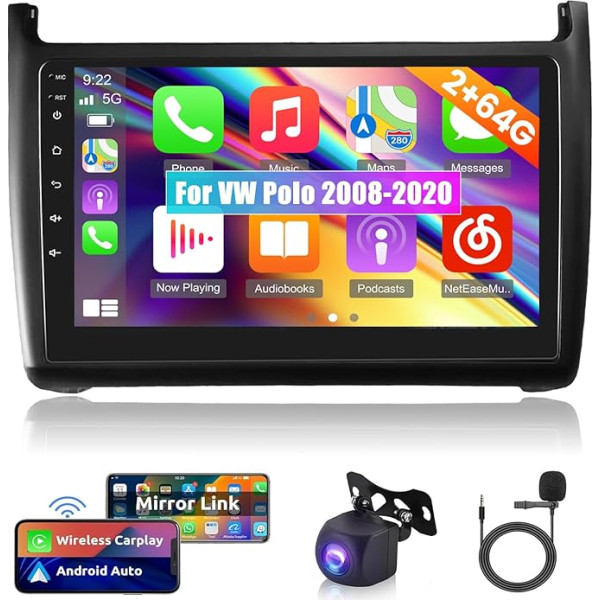 2 + 64G Android auto radio VW Polo 2008-2020 ar Carplay un Android Car - 9 collu skārienjūtīgais ekrāns - WiFi GPS SWC + atpakaļgaitas kamera un mikrofons