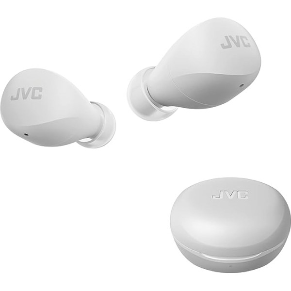 JVC kompaktās un vieglās Gumy Mini True Wireless austiņas, ilgs akumulatora darbības laiks (līdz 23 stundām), skaņa ar neodīma magnētisko draiveri, ūdensizturība (IPX4) - HAA6TW (balts)