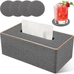 LADSTAG Tissue Box Tissue Dispenser Cosmetic Tissues Box Made of PU Leather, Tissue Box Cover Tissue Box Rectangular 25 x 13.5 x 9.5 cm, Comes with 4 Coasters as a Gift (Grey)