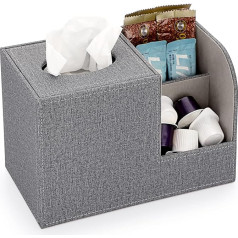 BTSKY Square Linen Tissue Holder with Two Side Pockets for Remote Control, Make-up, Pens - Table Cube Tissue Box, Napkin Holder, Storage Box, Grey