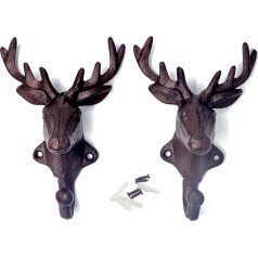 E-isata Set of 2 Deer Skull Hooks Made of Cast Iron, Home Farmhouse Decor Gift, Vintage, Metal Wardrobe Decoration, Wall Decoration, Coat Hooks, 11 x 7 x 16 cm