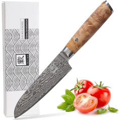 Zayiko Kinone Premium Small Santoku nazis ar 12 cm asmeni, kas izgatavots no 67 kārtām īsta Damaska tērauda ar Burl koka rokturi Bērza I Damaska nazis Virtuves nazis un profesionāls pavāra nazis