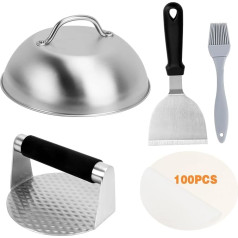 Dadabig Burgerpresse Set, Edelstahl Burgerglocke Set Burger Smasher mit Burger Zubehör Burgerpresse Bratbürsten Pfannenwender Burgerglocken und 100 Pergamentpapier Hamburger Patty Maker für Grillen