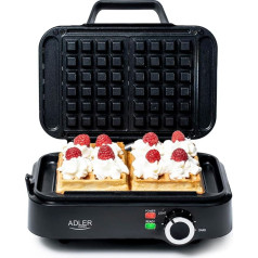 Adler Europe - Small double waffle iron 2000W - Adjustable heat setting - Two classic waffles at the same time - Non-stick coating - 2 indicator lights - Deep waffle plates