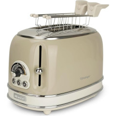 Ariete Vintage 155, 2-Scheiben-Toaster, Retro Toaster mit 6 Toaststufen, Automatischer Auswurf, Auftaufunktion, Herausnehmbares Krümelfach, Gehäuse aus Edelstahl, mit Sandwichzangen, 810W, Beige