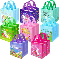 SelfTek Pack of 16 Easter Bags with Handles, Easter Egg Hunting Bags, Easter Party Treat Tote Bags, Waterproof, Foldable, Non-Woven Bags for Children, Easter Party Favours