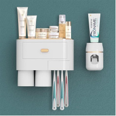 Linkidea Toothbrush Holder Wall Mounted Self Adhesive Automatic Toothpaste Dispenser for Bathroom 6 Toothbrush Compartments 2 Cups and Drawers Cosmetic Organizer