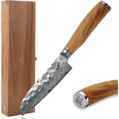 zayiko Minami Premium Small Santoku nazis ar 12 cm asmeni, kas izgatavots no 67 kārtām īsta damaska tērauda ar āmura triecienu un olīvkoka rokturi I Koka kaste I Damaska nazis Virtuves nazis un