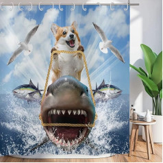 ASDCXZ Dušas aizkars Funny Animal 180 x 200 cm, Funny Dog Ride Shark Ocean Adventure Vannas mazgājams tekstila vannas istabas aizkari poliestera auduma ūdensizturīgi dušas aizkari vannai ar 12 āķiem