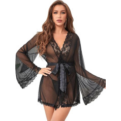 ohyeahlady Sexy Kimono Dessous Damen Sexy Unterwäsche Curvy Sexy Robe Kurz Babydoll Negligee Langarm Transparent Morgenmantel Reizwäsche Große Größen Nachtwäsche Bademantel mit G-String Gürtel