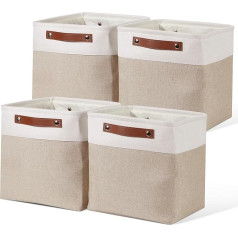 HDRNT Storage Box, Foldable Storage Cubes, 4 Pieces (30 x 30 x 30 cm), Fabric Organiser with Handles, Baskets Storage, Baskets for Shelves, Kallax, Organisation, Folding Boxes (Light Khaki and White)