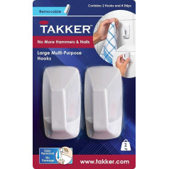 Takker® - pašlīmējoši daudzkārt lietojami daudzfunkcionāli āķi baltā krāsā, 2 x lieli āķi un 4 x līmlentes, īpaši stipra fiksācija.