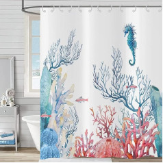 Hnmdmyi Dušas aizkars Jūras piekrastes 180 x 200 cm, jūras zirdziņš Okeāna tēmu dušas aizkari Korallis Tropical Fish Beach Vannas aizkars Ūdensizturīgs poliestera auduma mazgājams vannas aizkars