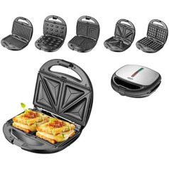 5-in-1 Sandwich Maker, Waffle Iron, Contact Grill, Electric Grill, Multi Grill, Nut Toaster, Oreschki Magic Nuts, 1200 Watts, 5 Interchangeable Plates, Stainless Steel, Non-Stick Coating