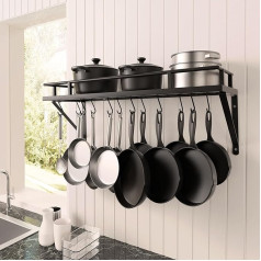 KES KUR215S75A-BK Virtuves piederumu turētājs Pannu turētājs Virtuves plaukts ar 12 āķiem Piekaramais plaukts Spice Pan Plaukts Sienas plaukts Virtuves turētājs 75 cm Sienas plaukts Matēts melns