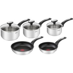 Tefal Emotion E300S544 5 gabalu trauki, pannas 20/24 cm, katli 16/18/20 cm, nerūsējošais tērauds, siltuma sadalīšanas pamatne, elegants dizains, izturīgi rokturi, indukcija