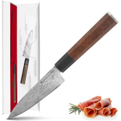 EKVALLY KÄPY Lietošanas nazis Small Santoku Damaskas nazis 14 cm asmens - damaskas virtuves naža asums - ar astoņstūraino rožkoka koka rokturi