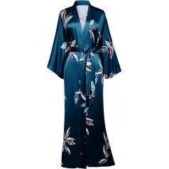 BABEYOND Sieviešu halāts Leaves Pattern Maxi Long Robe Kimono Summer Satin Bathrobe Sieviešu pludmales kleita Lightweight Sleeping Gown (Dark Green, One Size), tumši zaļš