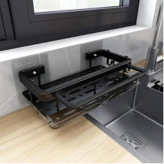 AHRITA Sink Organiser, Kitchen Sink Organiser, Black, Hanging with Drain Tray, Sink Organiser, Sink Organiser, Wall with Towel Holder and Hooks