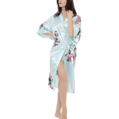 Dāmu satīna rožu drukas kimono Premium Peacock Bridesmaid Bridesmaid Bridal Dressing Gown Sleepwear Sleepwear Peacock Flowers Light Blue 3XL, gaiši zils Peacock Flowers