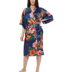 Sieviešu satīna rožu drukas kimono halāts Premium Peacock Bridesmaid Bridesmaid Dressing Gown Sleepwear Sleepwear, Rose Floral Navy