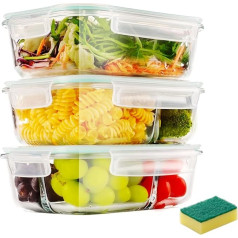 YBCPACK 3er Set 1040ml Meal Prep Boxen Glas 1&2&3 Fächer Glasbehälter mit Deckel - Luftdicht, BPA-Frei, Gefrierschrank und Ofen Sicher Mealprepboxen - Glas Frischhaltedosen für Meal Prep