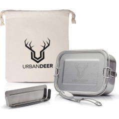 URBANdeer® pusdienu kārbas komplekts M | 800 ml | Nerūsējošā tērauda pusdienu kārba ar elastīgu sadalītāju, galda piederumiem un maisiņu. Pusdienu kaste bez BPA un plastmasas ceļošanai, birojam, skolai, mācībām, ēdiena gatavošanai.