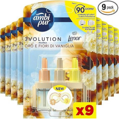 Ambi Pur 3Volution Gold und Vanilleblüten, Iepakojums ar elektrisku difuzoru, 20 ml, 3 dažādas iepakojuma formas, kas paredzētas labierīcību veikšanai, 9 Stück