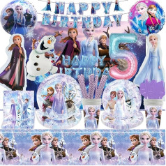 NOVBAON Frozen Birthday Party Supplies Party galda piederumu komplekts, Anna un Elsa dzimšanas dienas dekorācijas balons, dzimšanas dienas dekorācijas Ledus karaliene 5 gadi Meiteņu ballīte Tase, krūzes, salvetes, galdauts 57 gab.