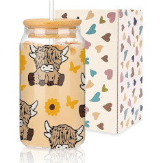 Whaline Eiskaffeetasse mit Geschenkbox, Motiv: Highland Cow, Sonnenblume, Trinkgläser, süßes Bierdosenglas mit Deckel, Reinigungsbürste für Zuhause, Büro, Frauen, Geschenke, 473 ml