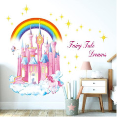 DECOWALL SG-2207 Rainbow Castle sienas uzlīme, bērnu sienas uzlīme, bērnistabas dekori, noņemama, noņemama, mākoņu, pasaku, bērnu zvaigzne, krāsaina bērnu meitenes ballīte