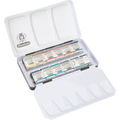 Schmincke Horadam Aquarell Paint Box Compact Metal Box ar 12 smalkākajām akvareļkrāsām, 74654097, krāsošanas komplekts, pamatkrāsu komplekts Cesc Farré, 10 x 1/2 trauciņi, 1 x 1/1 trauciņš