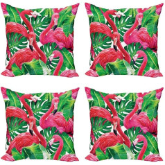 ABAKUHAUS Flamingo dekoratīvo spilvenu pārvalks, 4 gabali, retro eksotiskas lapas, moderns akcents, abpusēja digitālā druka, 60 x 60 cm, zaļš rozā krāsā