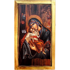 H2 Rankų darbo medinė krikščionių graikų ortodoksų ikona su Mergele Marija ir Jėzumi Kristumi