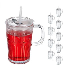 Relaxdays dzeramo glāžu komplekts ar 10 glāzēm, dzērienu tasītes ar vāciņu un salmiņu, ledus tējas glāze 450 ml, sulas stikla rokturis, caurspīdīgs