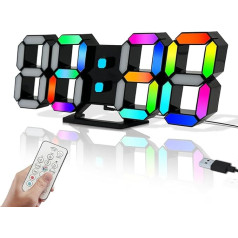 COVERY LED-Digitaluhr, 24,6 cm, große bunte Zahlen, Regenbogen- und Neonlichter, 3D-moderne Ästhetik für Schreibtisch, Wand - kabelgebundener elektrischer Alarm - Temperatur, Fernbedienung -