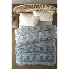 Milam London 100% kokvilnas bohēmisks karaliska izmēra pārklājs Gulta dīvāns Throw ar pušķiem Reversible Boho sega Elephant Pattern 220 x 240 cm Teal Blue