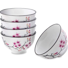 Panbado Porcelāna 5 gabalu trauku komplekts, balti ķiršu ziedu rīsu augļu trauki, japāņu zupas trauki, keramikas trauki, porcelāna trauki, 330 ml, japāņu dizains ar ķiršu ziedu rakstiem