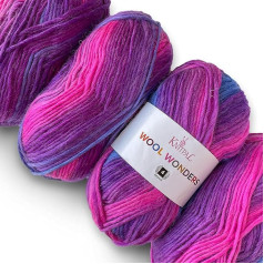 Vilnas brīnumi, vidēji bieza vilnas dzija (Worsted/Aran), svars #4, īpaši mīksta, krāsaina dzija adīšanai un tamborēšanai, 30% Austrālijas vilna un 70% akrils, 4 spolītes, 400 g (Purple Ombre)