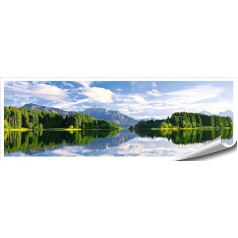 Kalnu meža ezera plakāts XXL, Panorāma Art Print - 46,8 x 16,5 collas (118,8 x 42 cm), Forggensee pie Neuschwanstein, Fuessen, Bavārija, Vācija, Alpi, Karalis Ludvigs II, Koenigswinkel | Tapetes, augstas izšķirtspējas sienu rotājumi no ARTBAY