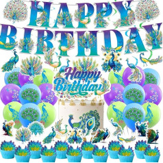 Pāvu ballīšu rotājumi Krāsains Pāvu ballīšu piederumi Zoodārza putnu tēma Partijas rotājumi ar Pāvu Happy Birthday Banner Hanging Swirl Cake Cupcake Topper Baloni Pāvu dzimšanas dienas svinībām