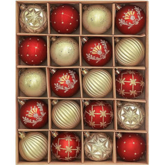 Valery Madelyn Christmas Baubles 20 gabali 6 cm Ziemassvētku eglīšu baubles no plastmasas ar pakaramo Luksusa sarkanā zelta Ziemassvētku baļļu komplekts Ziemassvētku dekorēšanai Sarkanā zelta tematika