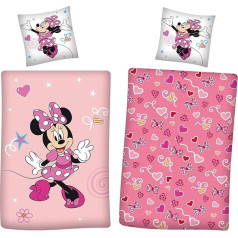 Minnie Mouse žiemos patalynės komplektas 135 x 200 cm + 80 x 80 cm 100 % medvilnės rožinė flanelinė patalynė su širdelėmis ir lankeliais mergaitėms