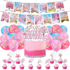 Ķiršu ziedu svētku rotājumi Japāņu rotājumi ietver ķiršu ziedu Happy Birthday Banner Cake Cupcake Toppers Baloni Cherry Blossom Party Supplies Kāzu kāzu līgavas šovs bērnu svētki