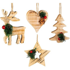 SHATCHI Rustic Star ziemeļbriežu sirds eglītes rotājumi Ziemassvētku koka rotājumi Hanging Christmas Pendants DIY amatniecības dāvanas Koka asorti Pack of 4