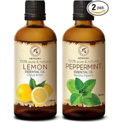 Piparmētru eļļa 100 ml un citronu eļļa 100 ml - Mentha Piperita - Citrus Lime - tīras smaržas eļļas Dāvanu komplekts mitrinātājam - matu un ādas kopšanai - aromterapijai - eļļas deglim - difuzoram